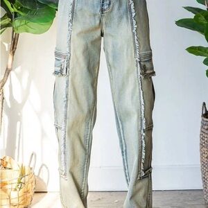 Oli & Hali Distressed Wide Leg Cargo Elastic Waist Light Wash Denim Jeans XLarge